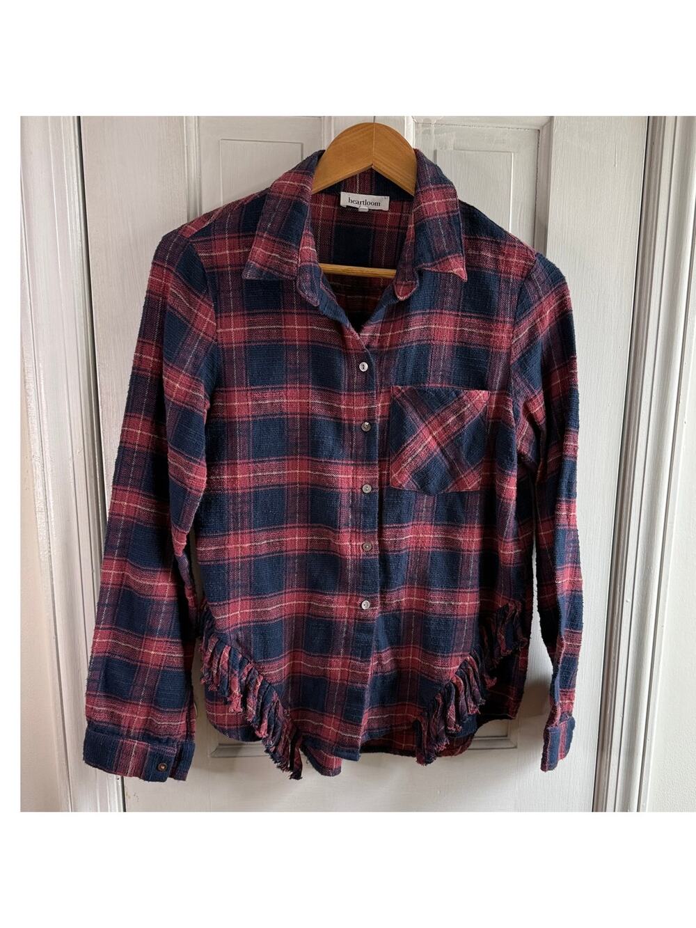 Heartloom Peche Plaid Fringe Button Down Shirt - Red/Navy - X-small - EUC